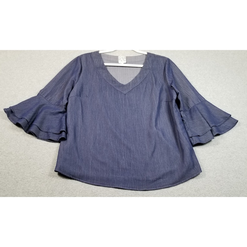 Naif Blouse Women Large L Blue Denim Look 3/4 Bell Sleeve V-Neck Boho Top Casual